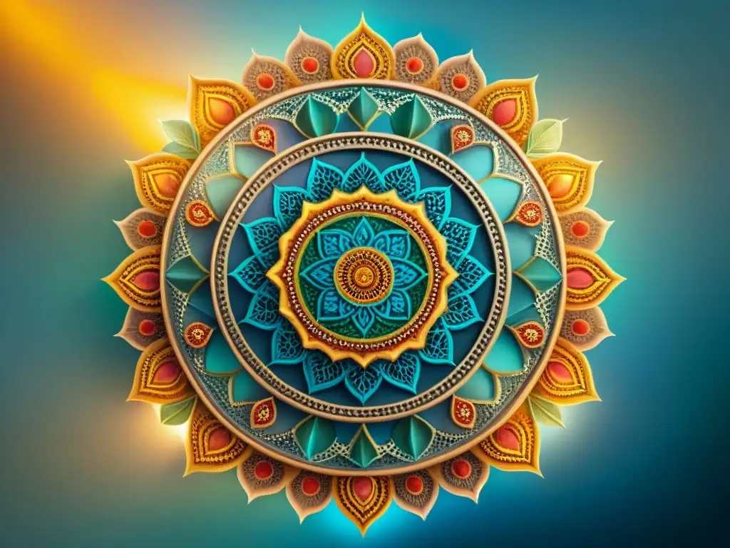 Un mandala intrincado con colores vibrantes y patrones detallados, simbolizando unidad, belleza y espiritualidad