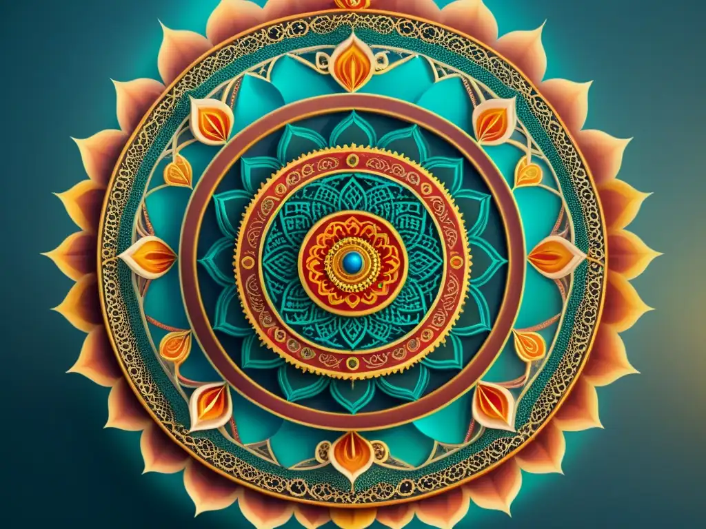 Un mandala vibrante y detallado que fusiona raíces ancestrales con prácticas contemporáneas de yoga, evocando misterios y conexiones