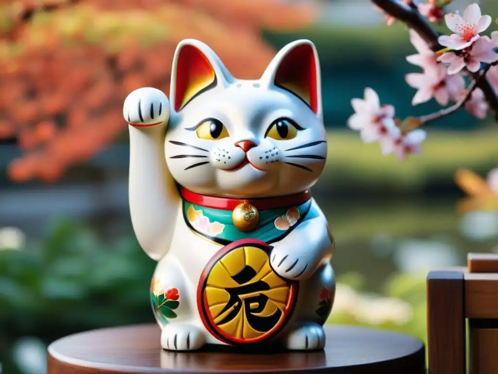 Un manekineko japonés detallado en un jardín tranquilo con significado talismanes gato culturas