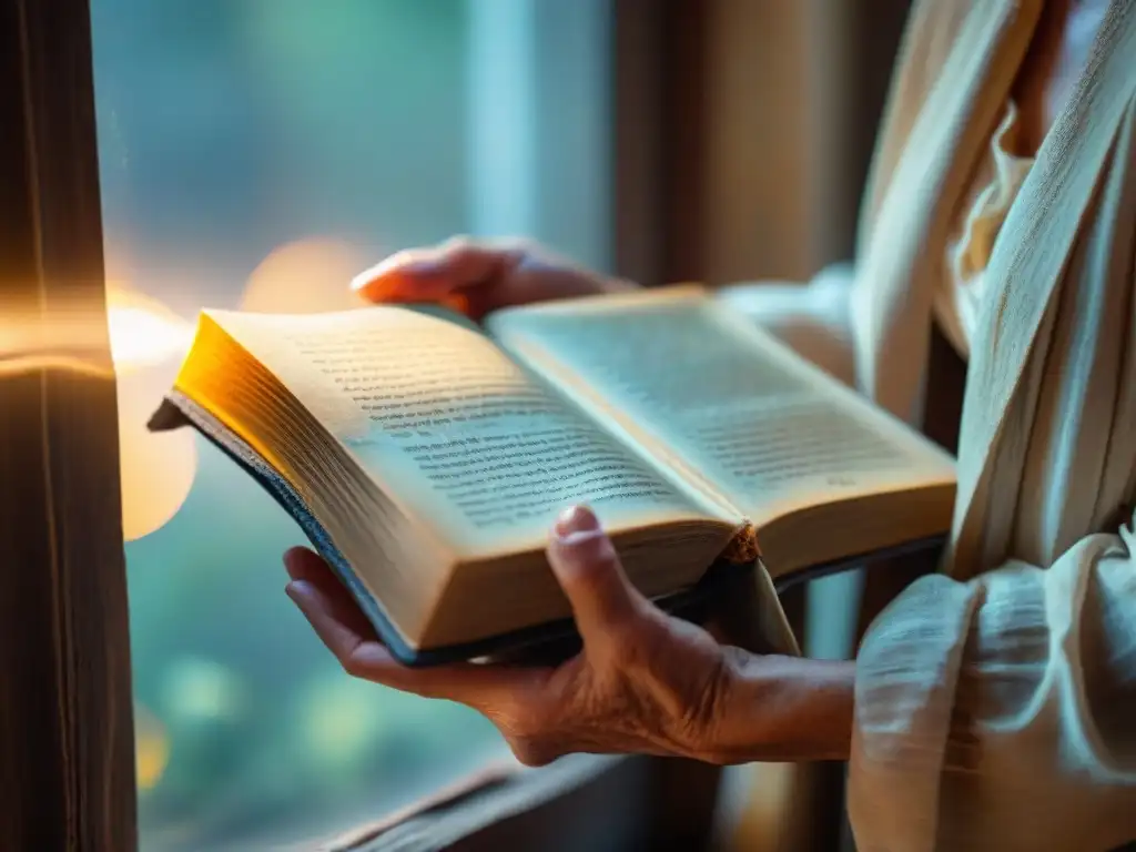 Mano anciana sosteniendo libro de poesía desgastado, con los dedos trazando palabras envejecidas