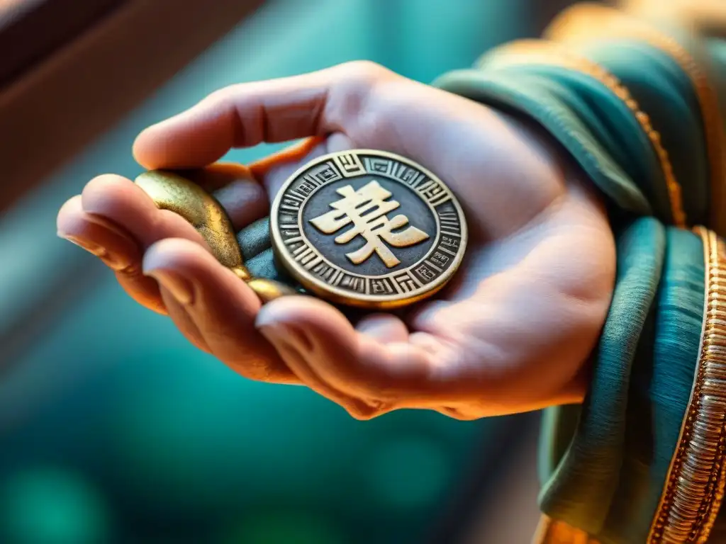 Mano anciana sosteniendo monedas de I Ching, reflejando la luz suave de la ventana