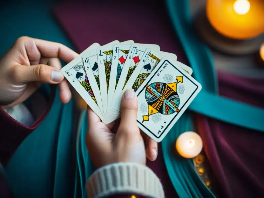 Mano con anillos sostiene mazo de Tarot iluminado, revelando símbolos en cartas