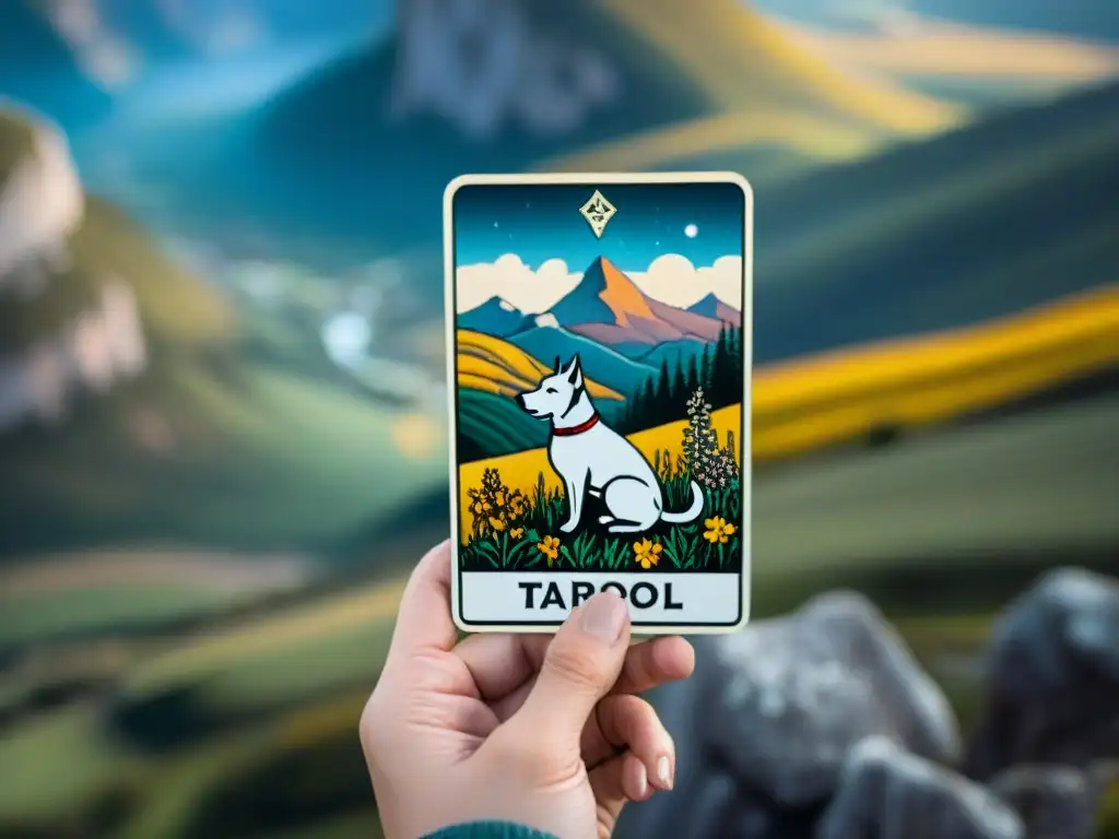 Mano sosteniendo carta del Tarot El Loco con detalles intrincados y paisaje montañoso