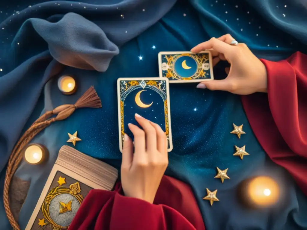 Una mano detalla la Carta del Tarot 'La Papisa', con simbolismos profundos en un escenario místico de noche estrellada y ruinas antiguas