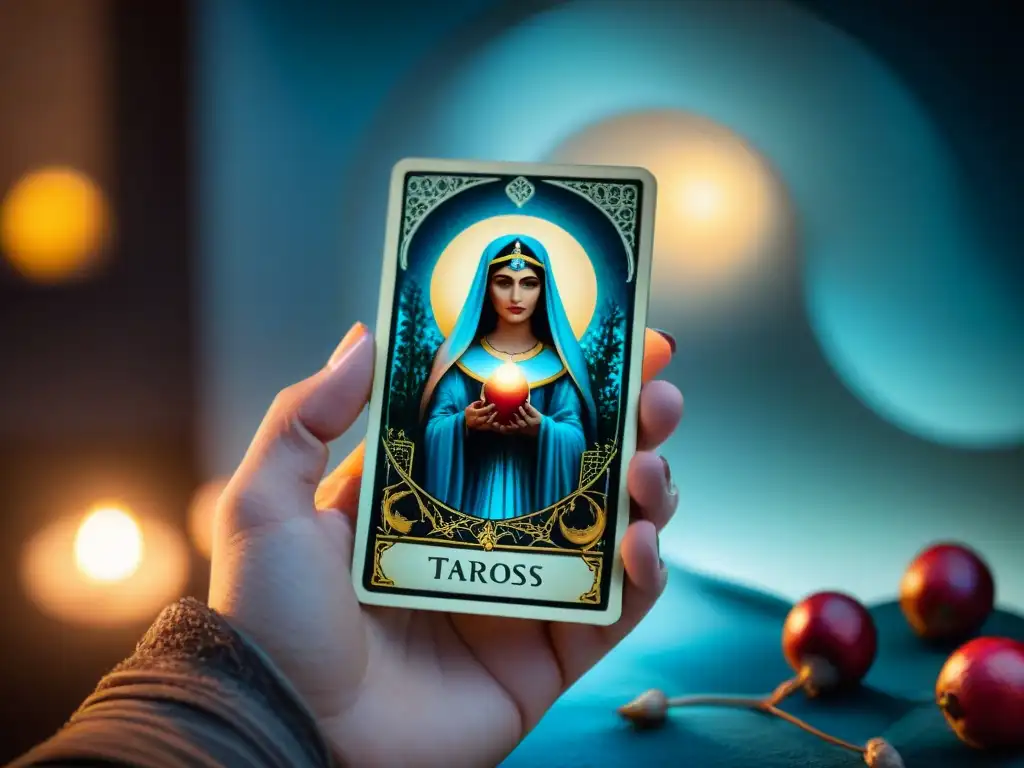 Mano sostiene carta de Tarot La Papisa, con símbolos místicos como luna creciente y granadas, iluminada en misteriosa luz