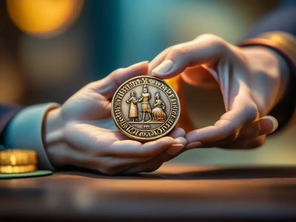 Mano de coleccionista sostiene moneda antigua: detalle e historia Mano de coleccionista sostiene una rara moneda antigua, mostrando detalles intrincados