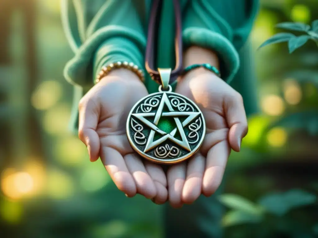 Mano sosteniendo un colgante de pentáculo plateado con diseño celta, en un bosque verde con luz solar, evocando individualismo en el Neopaganismo