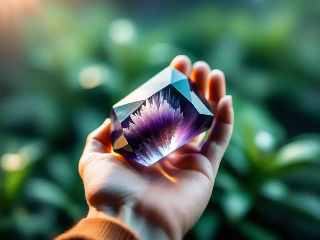 Mano sosteniendo cristal amatista vibrante, conexión con la naturaleza y energía espiritual