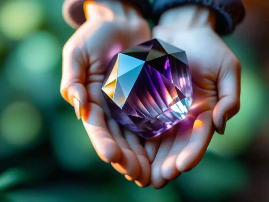 Una mano sostiene con delicadeza un cristal de amatista brillante, reflejando la luz y sus patrones naturales