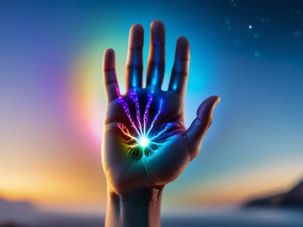 Una mano detallada con puntos energéticos de colores, representando los puntos energéticos para bienestar según la astrología