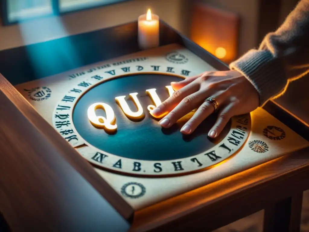 Una mano elegante y misteriosa se extiende hacia un tablero Ouija, en un estudio moderno de fenómenos paranormales