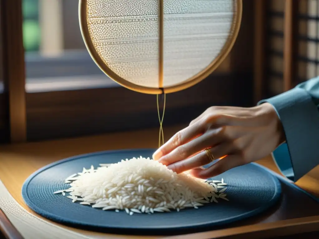 Mano dispone granos de arroz en shoji japonés, significado granos arroz adivinación