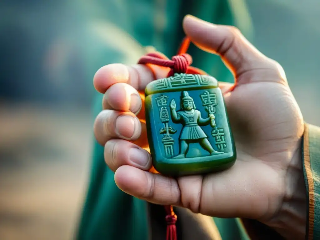 Mano de guerrero asiático sosteniendo amuleto de jade tallado, símbolos tradicionales