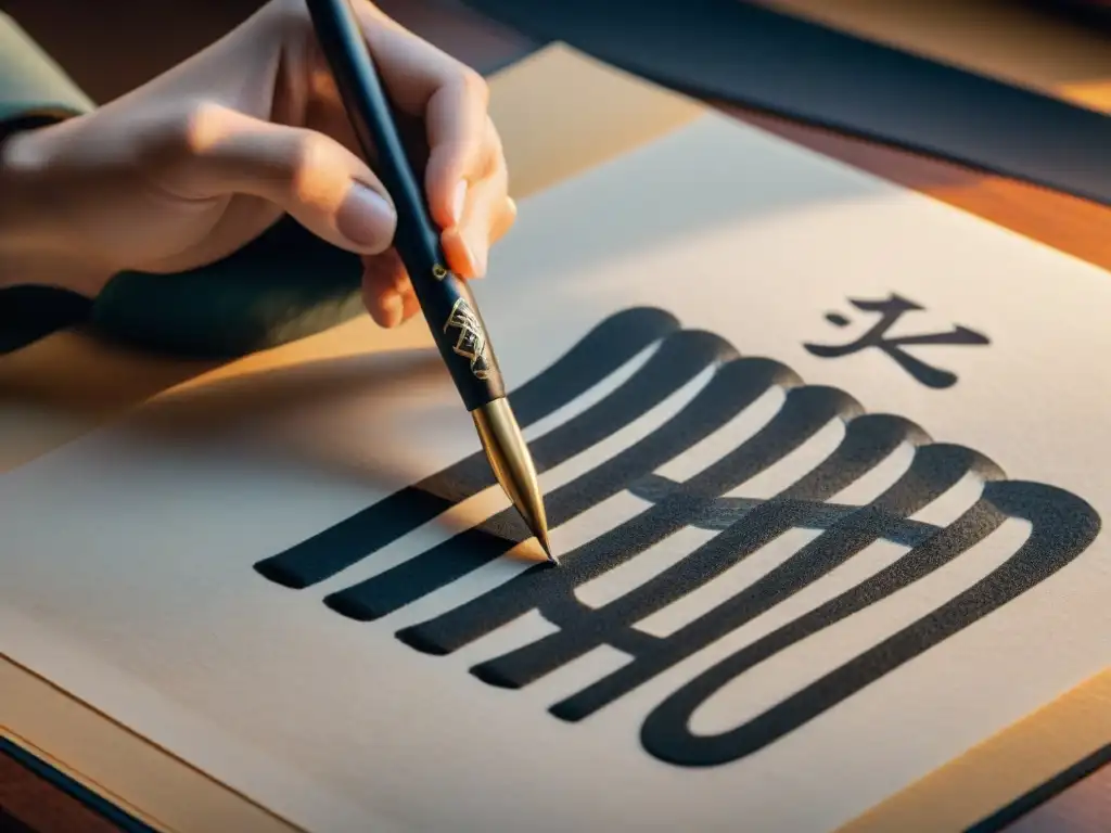 Escritura japonesa: arte en washi Mano de calígrafo escribiendo kanji con elegancia en papel washi, resaltando la historia de la escritura japonesa