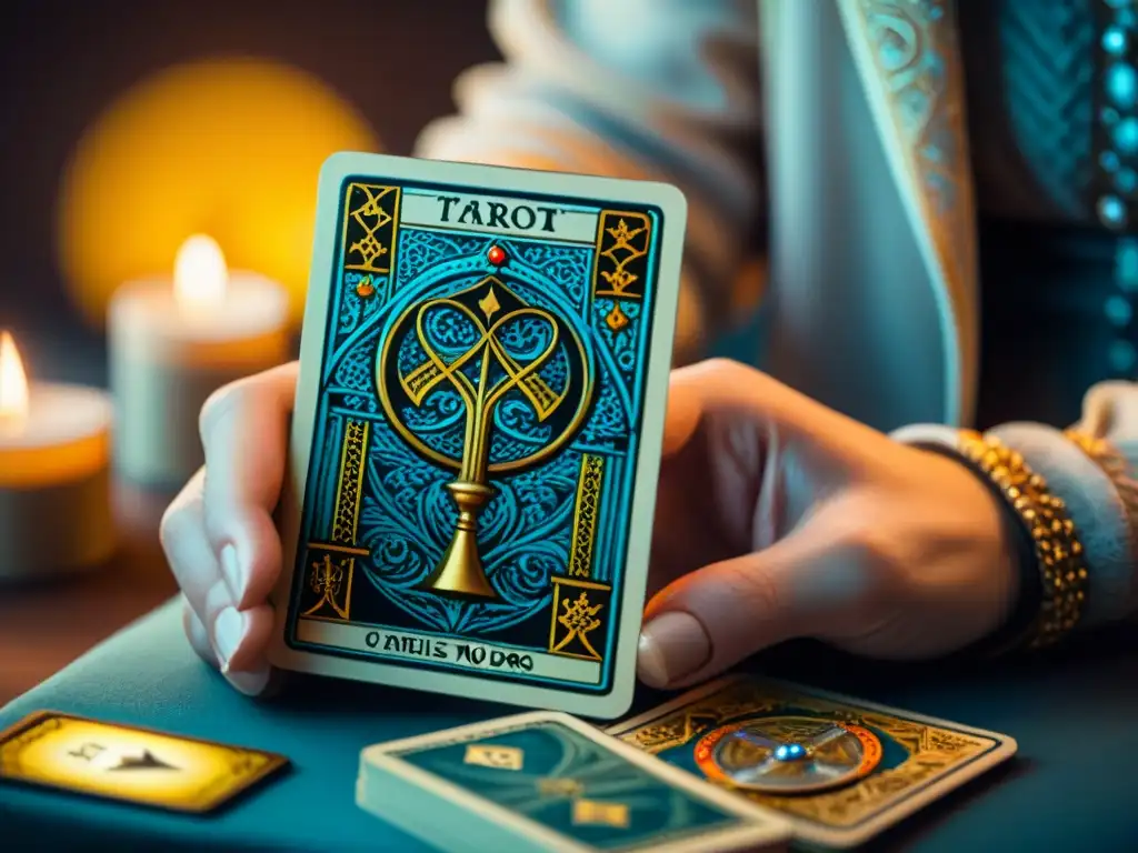 Mano sosteniendo místico tarot, detallado diseño y simbología