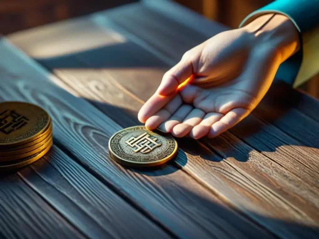 Mano sosteniendo monedas antiguas de I Ching sobre mesa de madera, con sombras