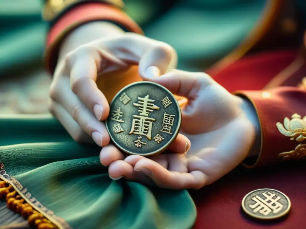 Mano sostiene monedas chinas antiguas para Adivinación con I Ching, sobre seda con caligrafía, místico encanto oriental