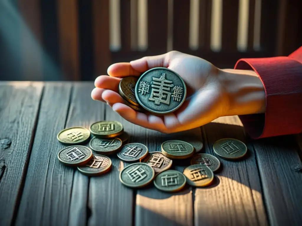 Mano sosteniendo monedas chinas antiguas para I Ching en mesa de madera, destacando misticismo del Sistema de adivinación chino antiguo