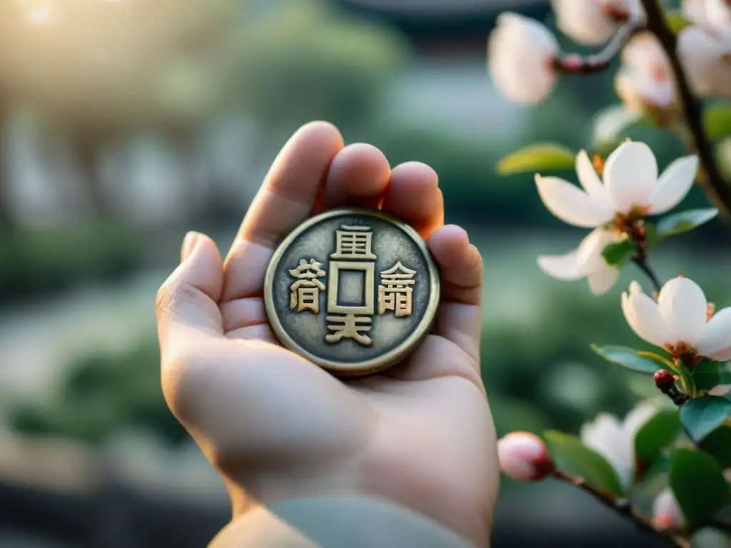 Mano sosteniendo monedas chinas antiguas para adivinación con I Ching, en jardín tradicional con cerezos en flor y neblina suave