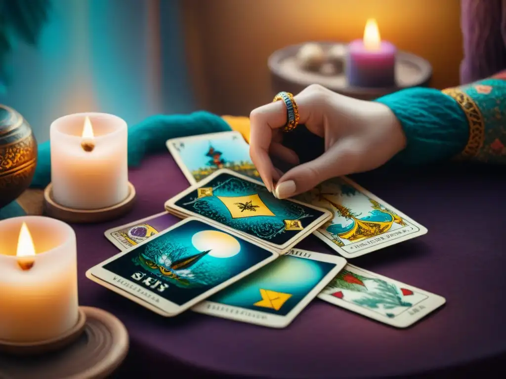 Mano sabia sostiene mazo de cartas tarot, revelando misterios del futuro