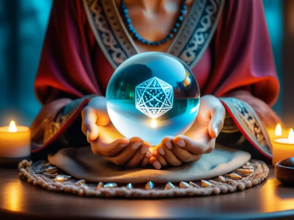 Las manos de una adivina sobre una bola de cristal, rodeadas de símbolos místicos y luz de velas, evocando técnicas de visión profética en la práctica del Scrying