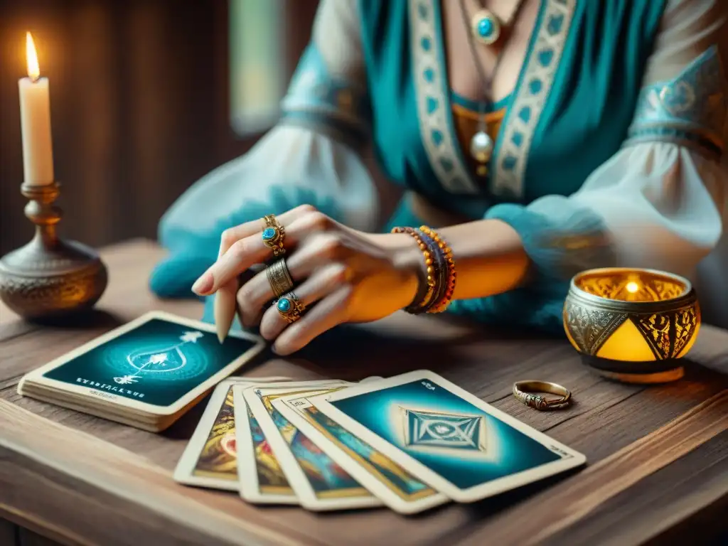 Manos de adivina eslavas con tarot antiguo en mesa de madera, con símbolos misteriosos iluminados por luz natural