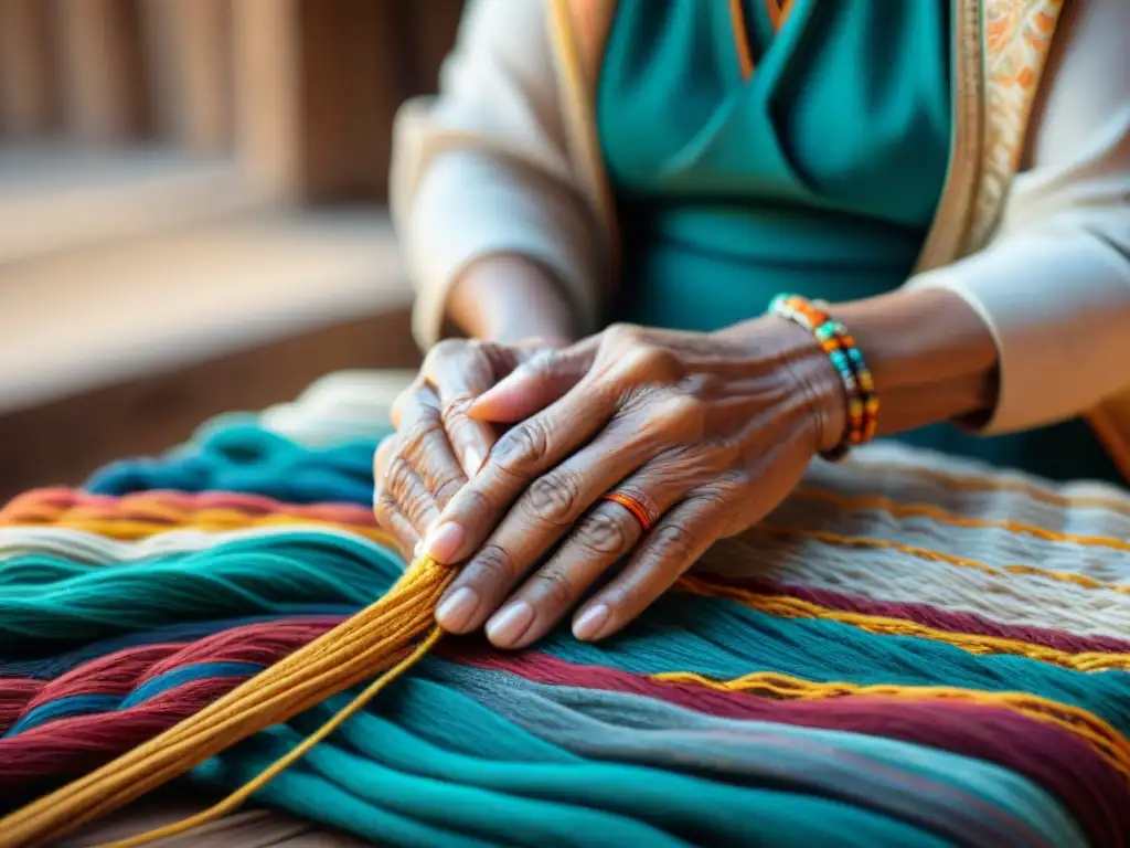 Manos anciana tejiendo hilos coloridos, preservación lenguas tradiciones extinción