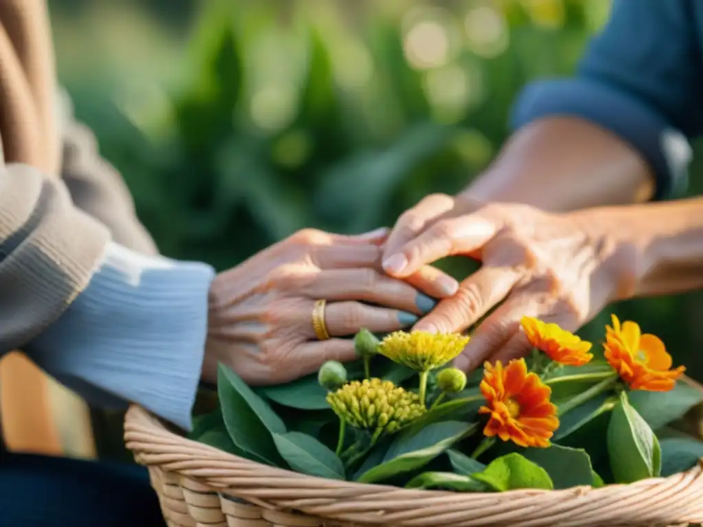 Manos ancianas colocan flores frescas en cesta tejida, reflejando mindfulness en tradiciones antiguas