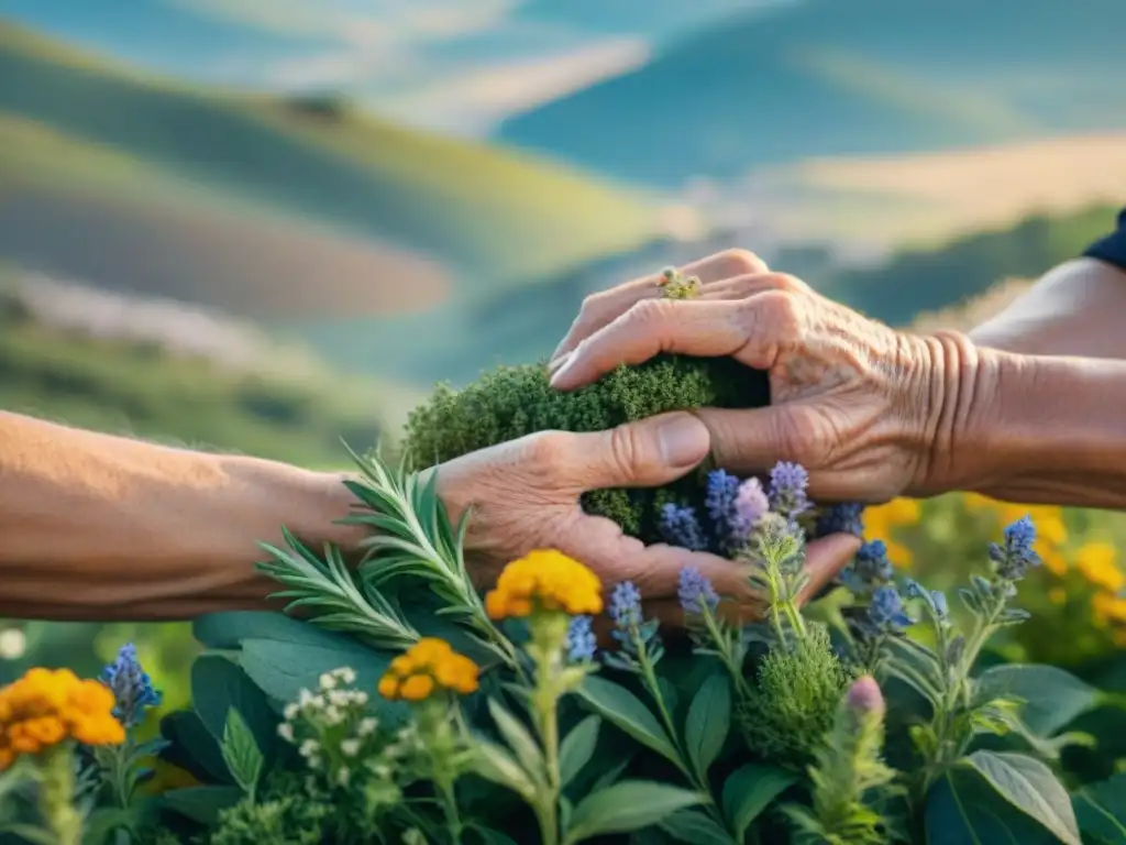 Manos ancianas seleccionan hierbas y flores en campo soleado, con tatuajes antiguos y sabiduría ancestral