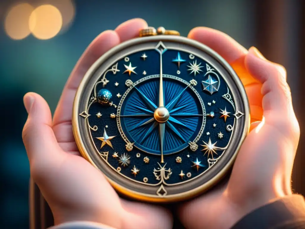 Las manos de un anciano sostienen un astrolabio, con sombras y luces detalladas, bajo un cielo estrellado