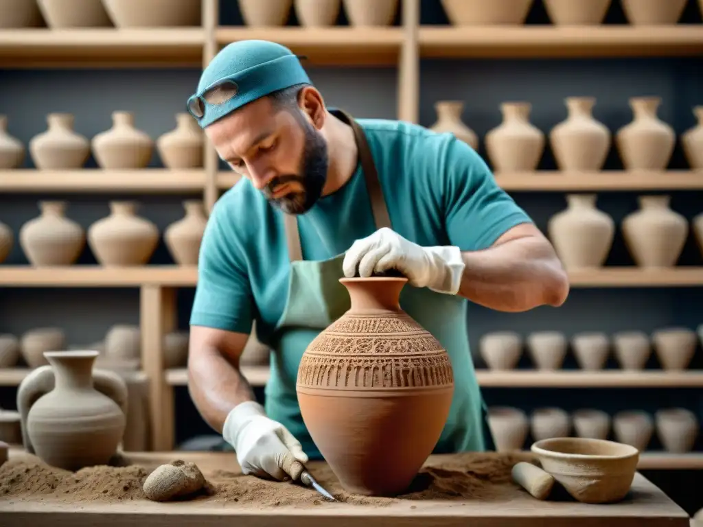 Manos restaurando una antigua ánfora de arcilla en escena meticulosa de conservación arqueológica