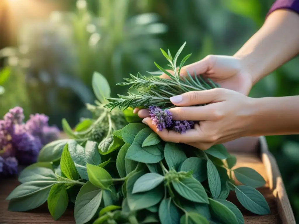 Manos antiguas seleccionando hierbas aromáticas en un jardín exuberante, transmitiendo mensajes ancestrales a través de la aromaterapia