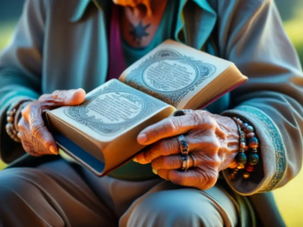 Manos arrugadas de anciano con tatuajes tradicionales sujetan libro decorado