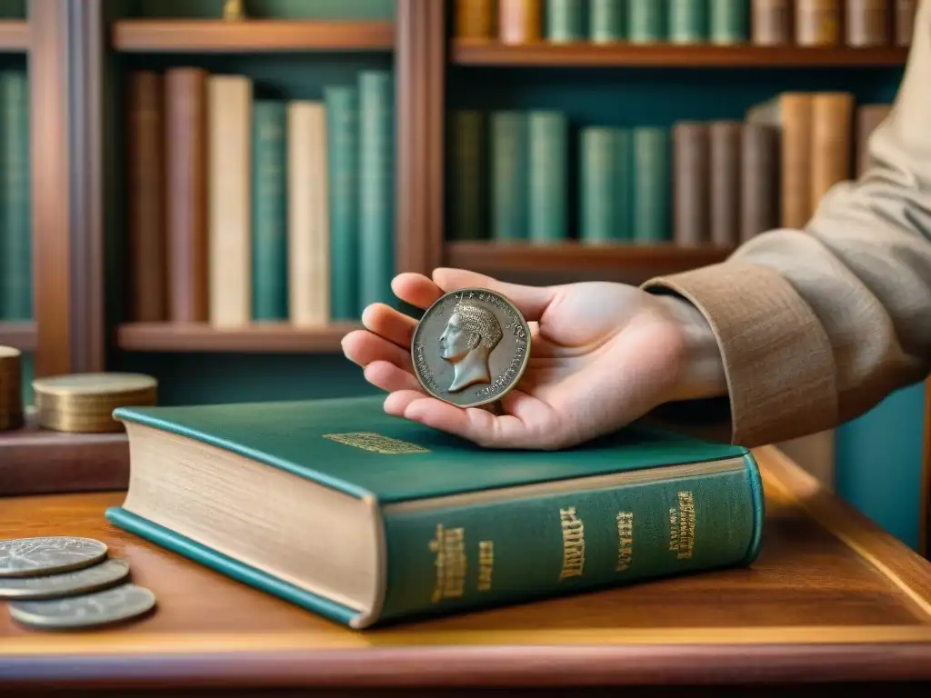 Manos arrugadas sostienen con reverencia una rara moneda antigua, entre colecciones de sellos y monedas, evocando pasión por lo histórico