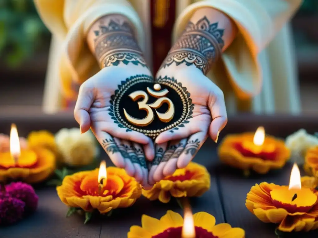 Manos formando 'ॐ' con henna, rodeadas de flores y velas, evocando el significado mantras sánscrito transformación