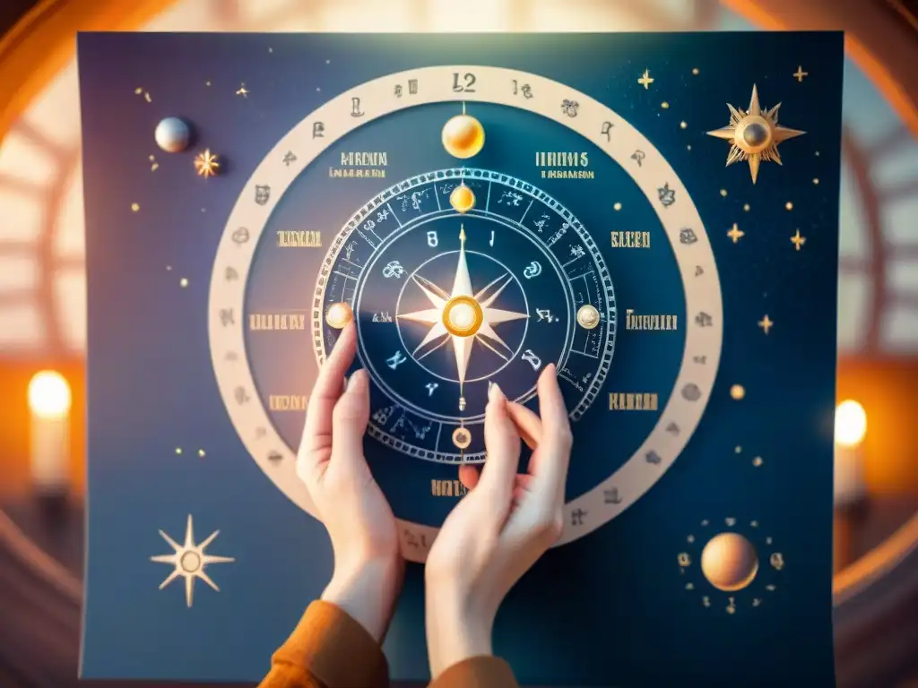 Manos trazando carta astral detallada en ambiente místico con mapas celestes