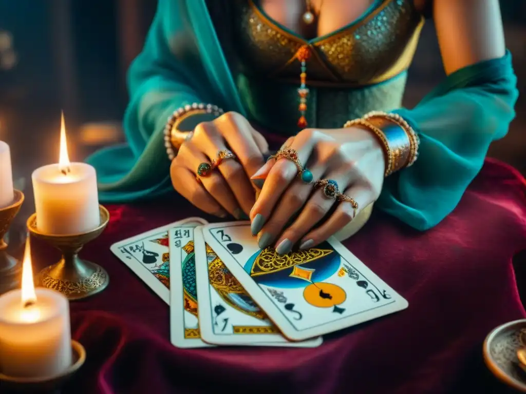 Manos de adivina revelan carta de tarot en misterioso ambiente con símbolos y colores vibrantes