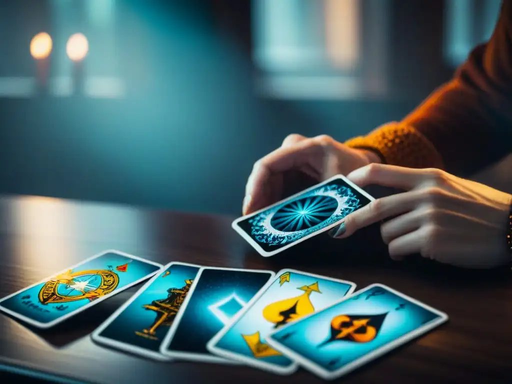 Manos seleccionando cartas de tarot con diseño gráfico, fusionando significado y estética