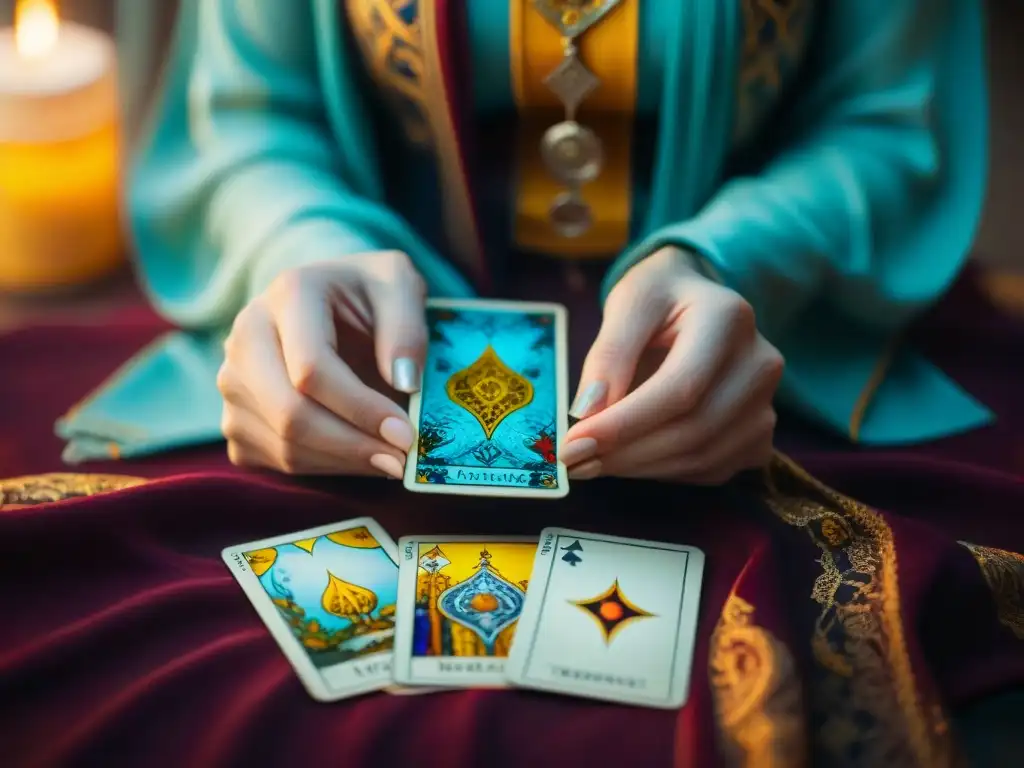 Manos colocando cartas de tarot en tela vibrante con luz natural filtrada, mostrando significados tarot contemporáneo vida diaria