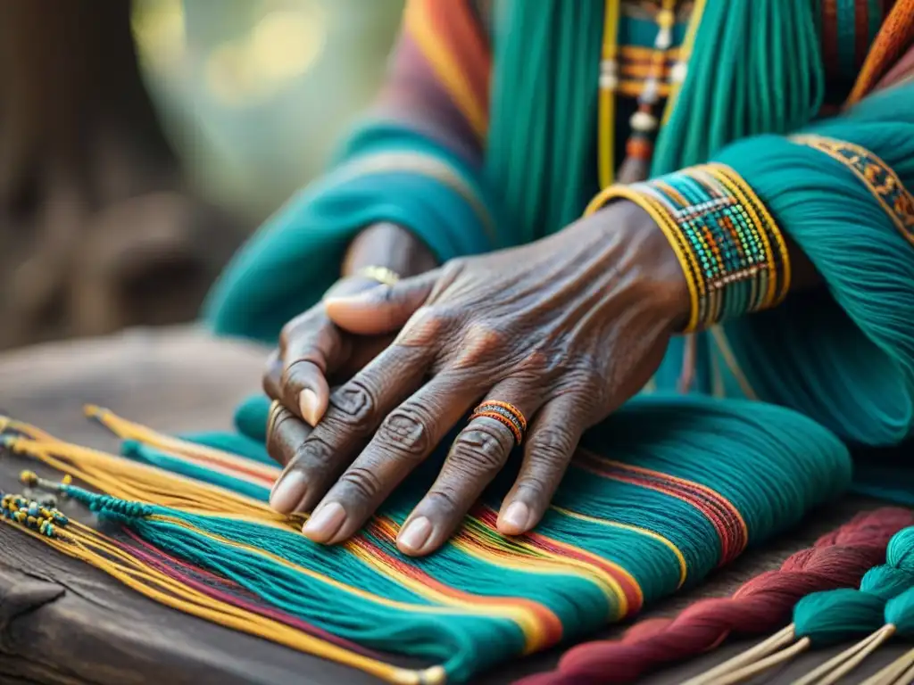 Las manos de un chamán tejen con cuidado un talismán con hilos coloridos, irradiando el poder sanador de talismanes en la selva amazónica