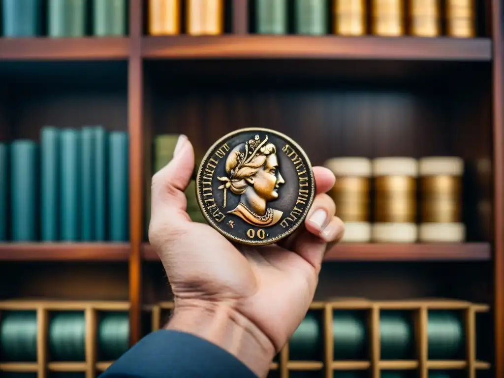 Manos de coleccionista de monedas antiguas, reflejando pasión y dedicación entre estanterías llenas de sellos antiguos