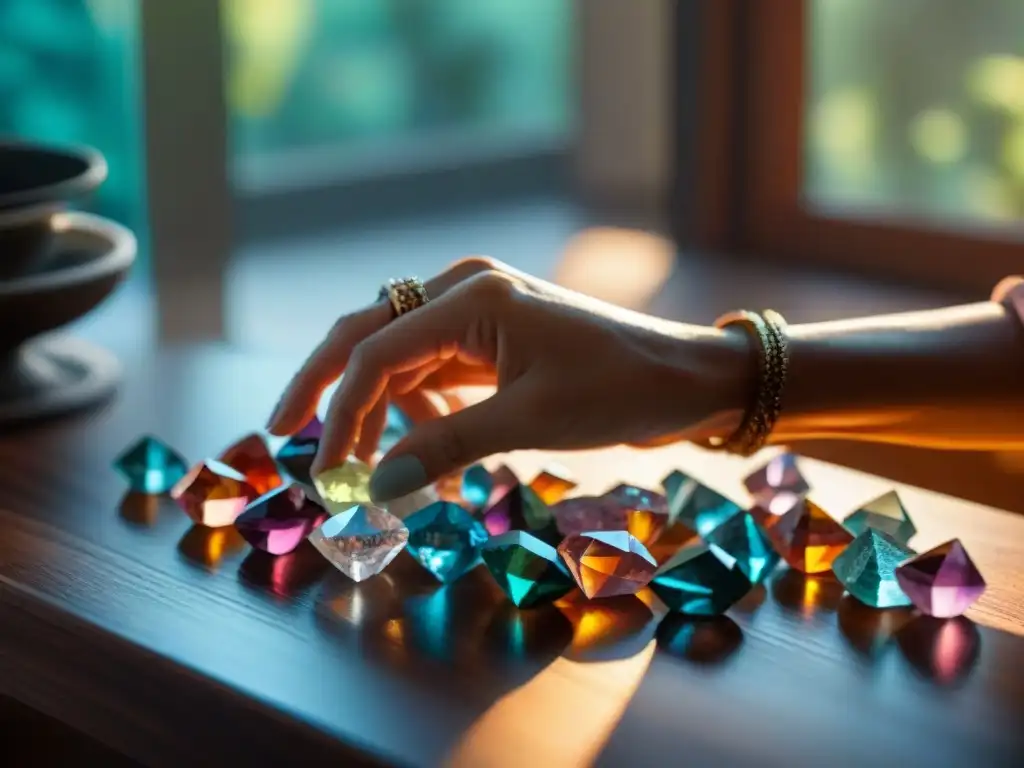 Unas manos arreglan cristales coloridos en una mesa de madera, con luz natural creando sombras intrincadas