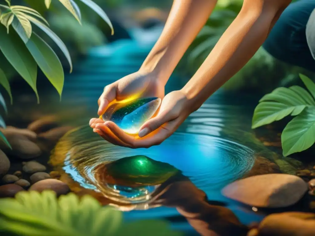 Manos limpiando con cuidado un cuarzo bajo agua, reflejos arcoíris en un entorno natural