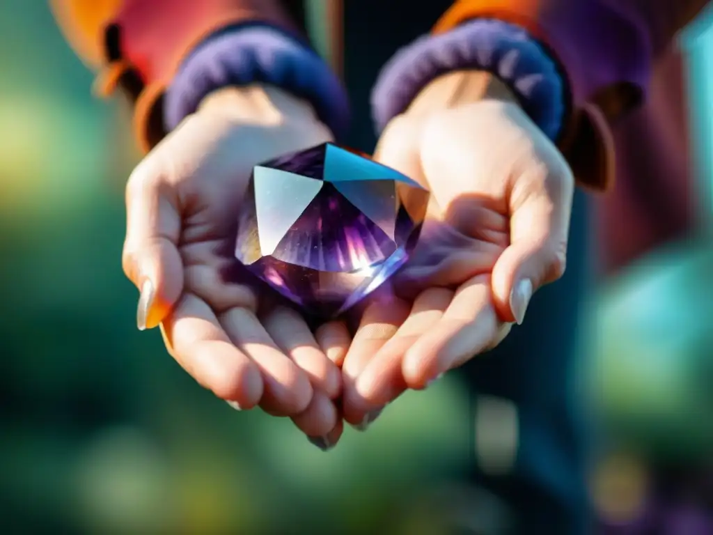 Unas manos cuidadosas sostienen un cristal ametista morado bajo la luz solar, transmitiendo limpieza cristales energía positiva