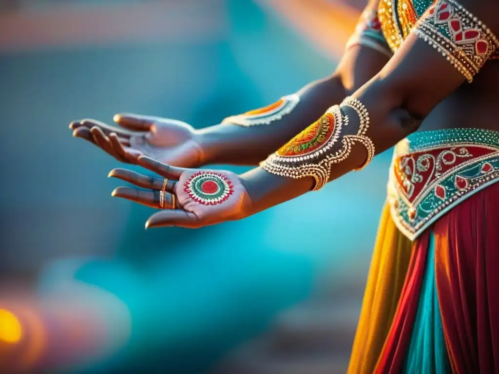 Manos danzantes con patrones de henna en evolución de la danza de sellos, elegancia y poder