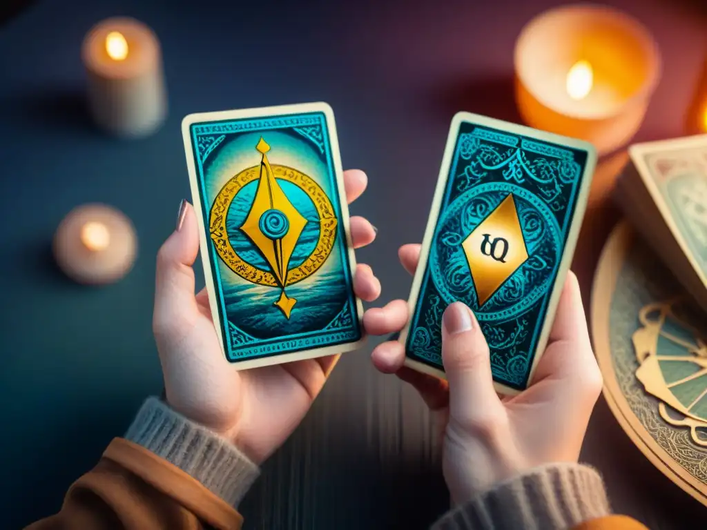 Unas manos delicadas sostienen cartas de tarot antiguas con símbolos místicos