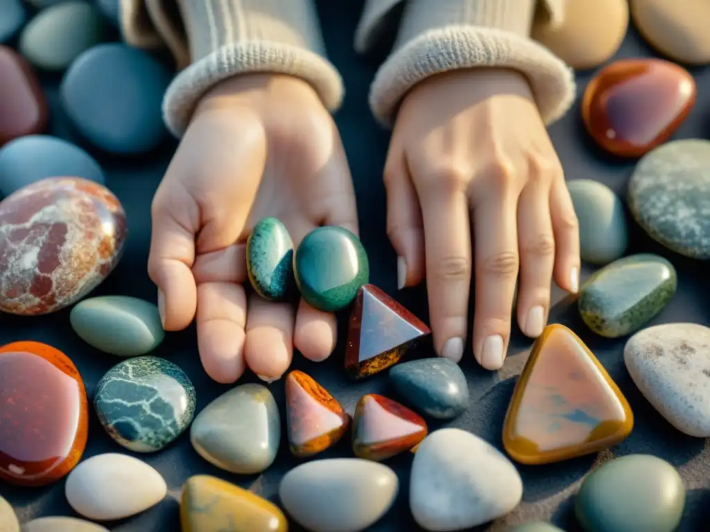 Unas manos eligen con delicadeza una piedra de jaspe entre una colección variada, resaltando sus patrones y tonos terrenales