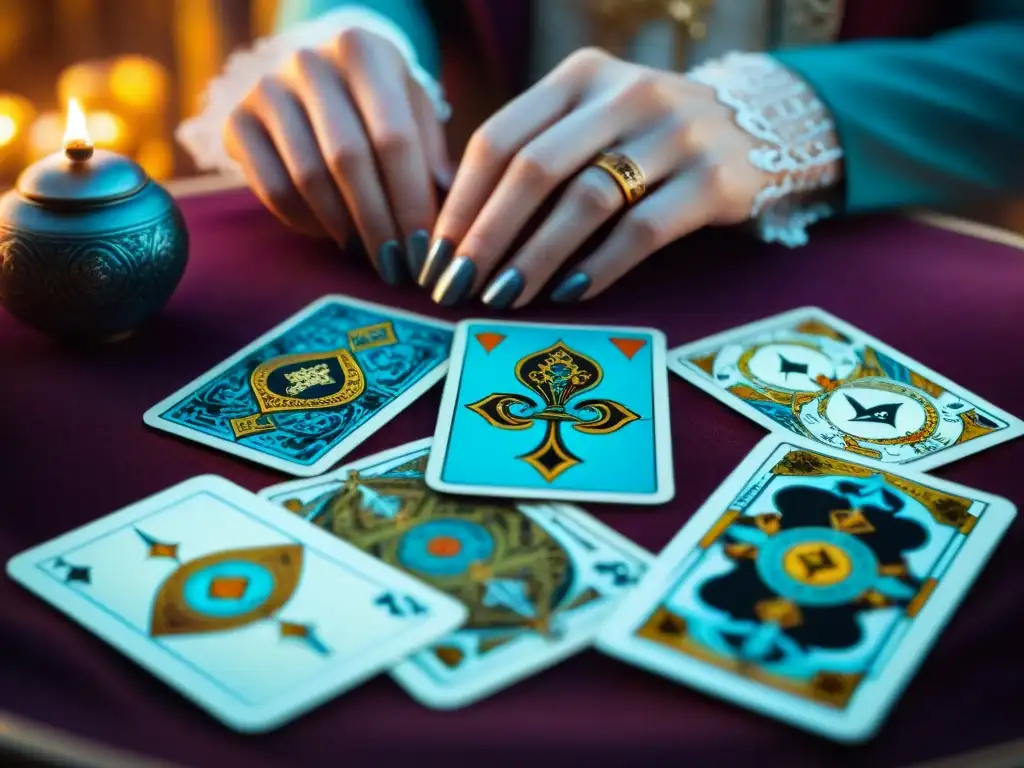 Manos elegantes sostienen misteriosas cartas de Tarot, con colores vibrantes y símbolos detallados