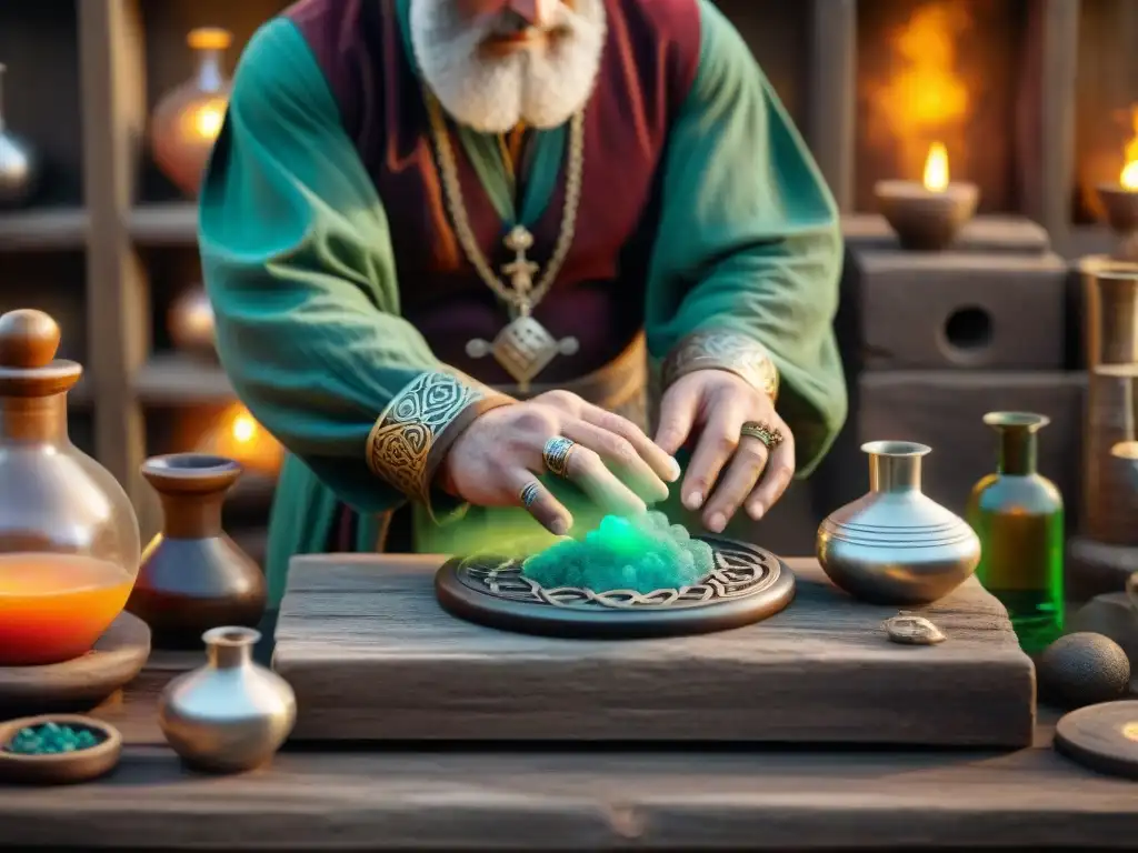 Las manos expertas del alquimista celta mezclan pócimas en su laboratorio antiguo, revelando secretos alquimia celta extraordinaria