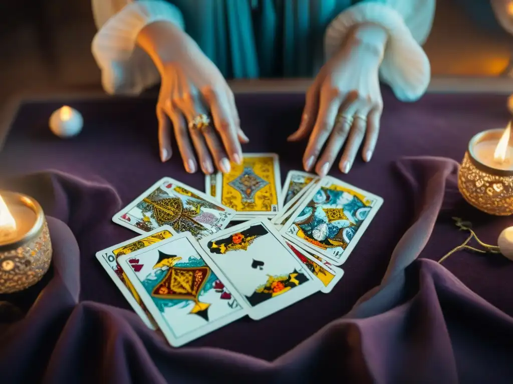 Manos expertas revelan cartas de Tarot ilustradas, reflejando el origen y significado del Tarot en una lectura mística y cautivadora